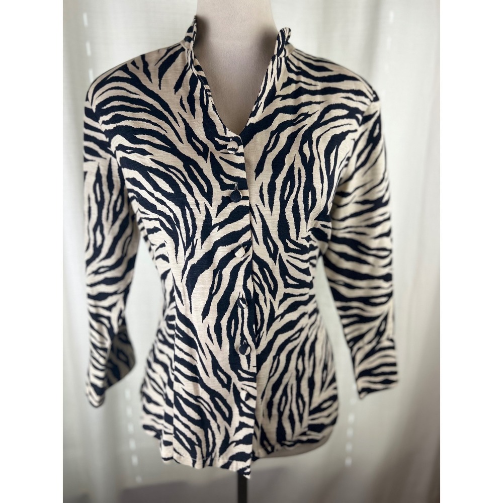 Silk Land Women Black Cream Zebra Animal Print 100% Silk Blouse Top S